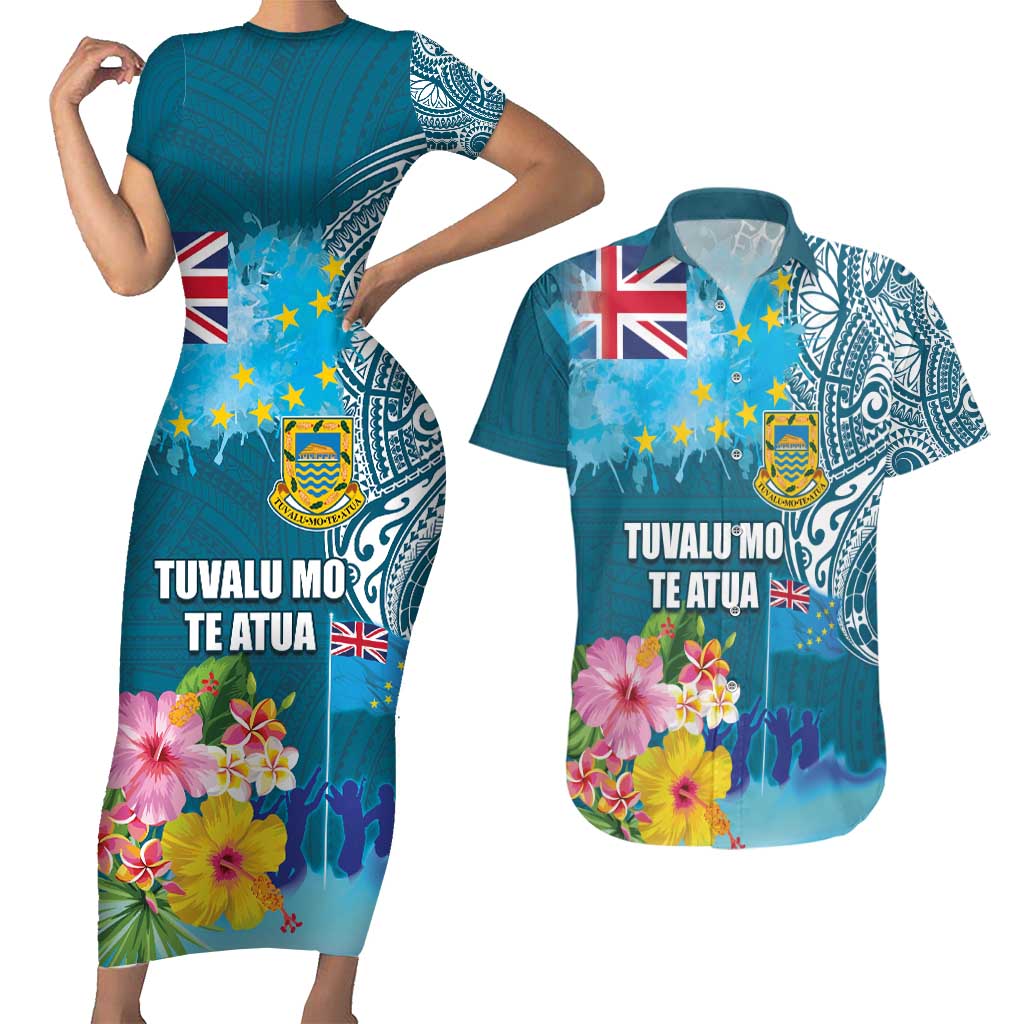 Personalised Tuvalu Independence Day Couples Matching Short Sleeve Bodycon Dress and Hawaiian Shirt Tuvaluan Tribal Flag Style