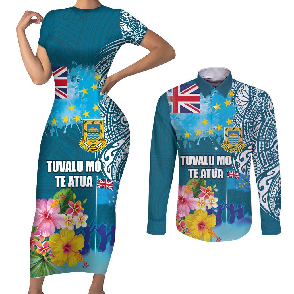 Personalised Tuvalu Independence Day Couples Matching Short Sleeve Bodycon Dress and Long Sleeve Button Shirt Tuvaluan Tribal Flag Style
