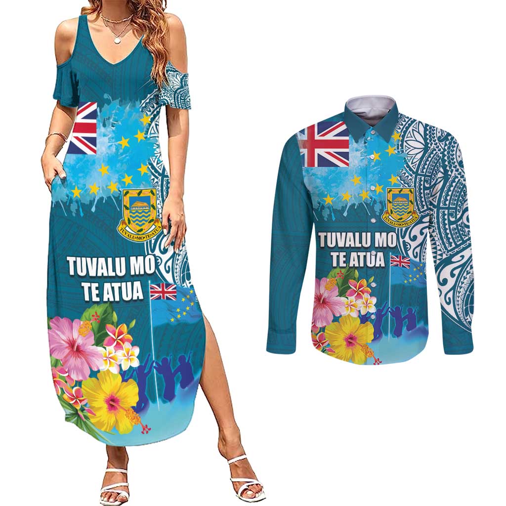 Personalised Tuvalu Independence Day Couples Matching Summer Maxi Dress and Long Sleeve Button Shirt Tuvaluan Tribal Flag Style