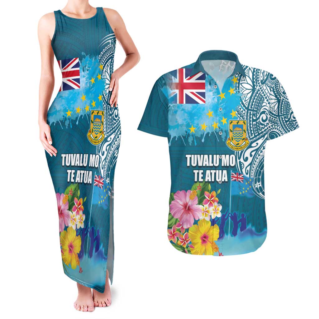 Personalised Tuvalu Independence Day Couples Matching Tank Maxi Dress and Hawaiian Shirt Tuvaluan Tribal Flag Style