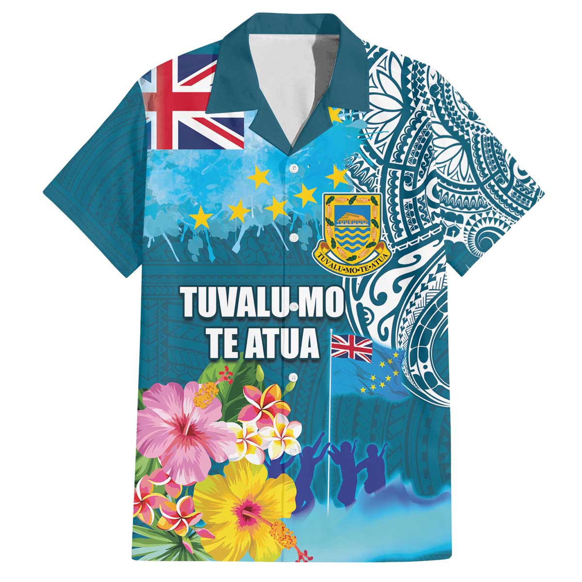 Personalised Tuvalu Independence Day Family Matching Off The Shoulder Long Sleeve Dress and Hawaiian Shirt Tuvaluan Tribal Flag Style LT03 Dad's Shirt - Short Sleeve Turquoise - Polynesian Pride