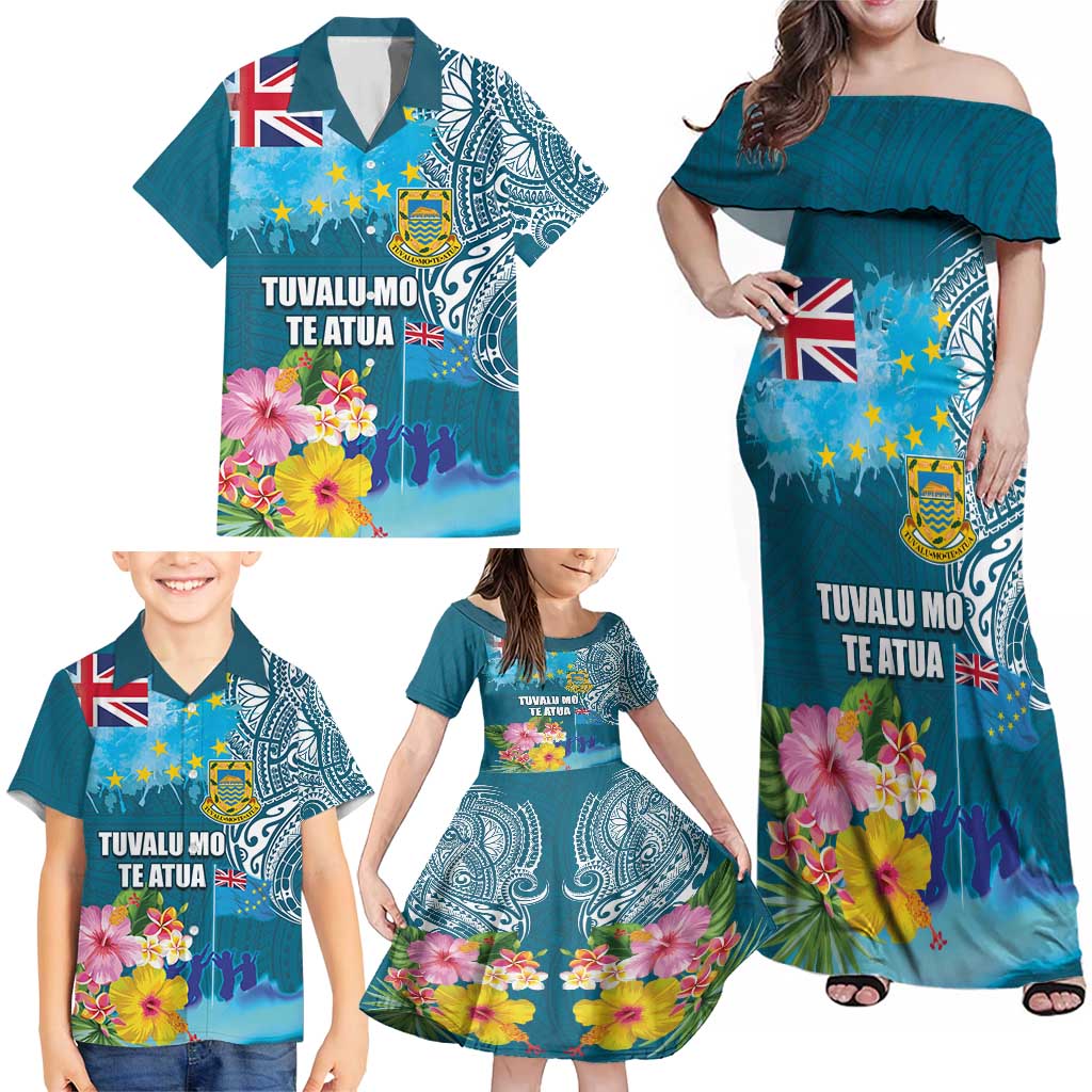 Personalised Tuvalu Independence Day Family Matching Off Shoulder Maxi Dress and Hawaiian Shirt Tuvaluan Tribal Flag Style
