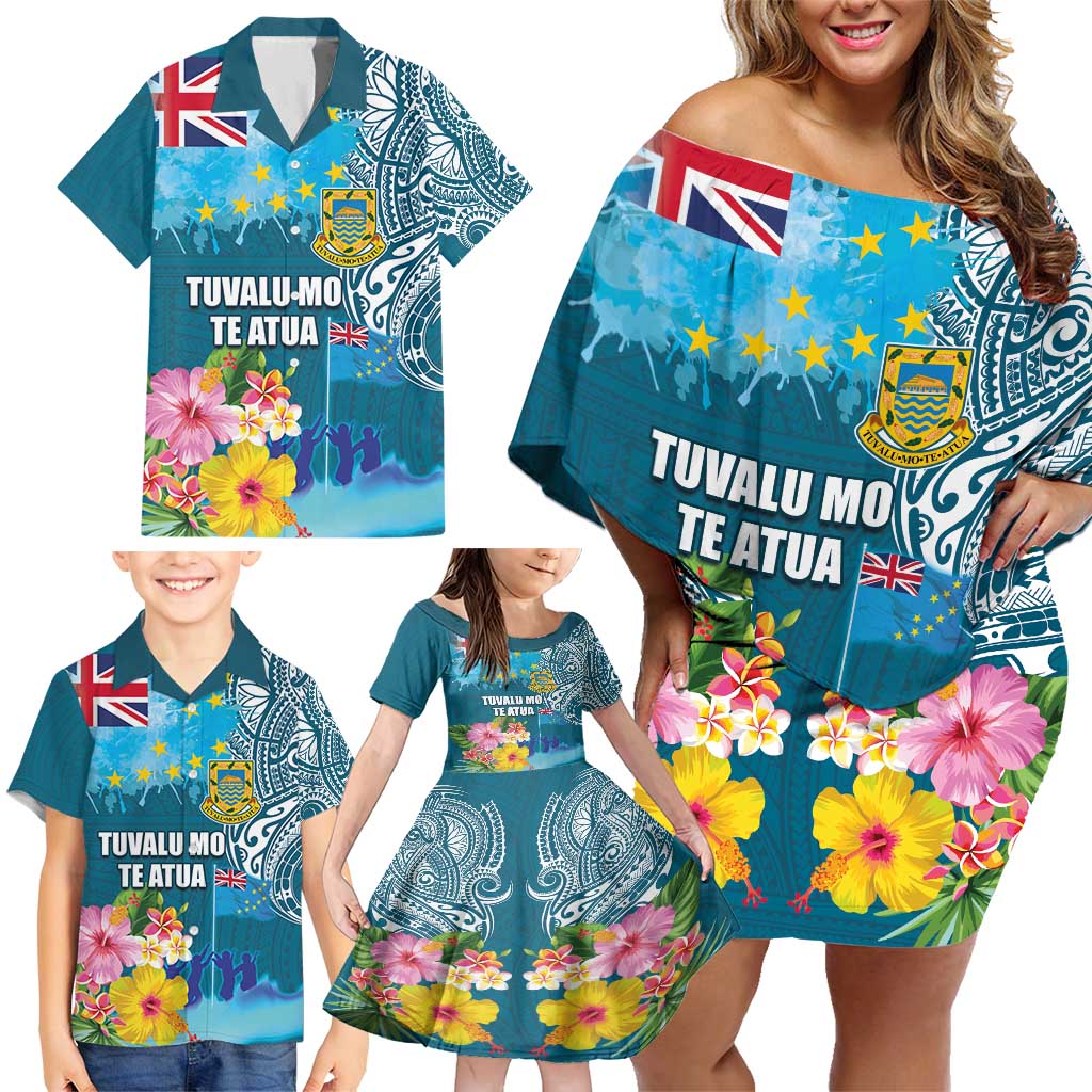 Personalised Tuvalu Independence Day Family Matching Off Shoulder Short Dress and Hawaiian Shirt Tuvaluan Tribal Flag Style