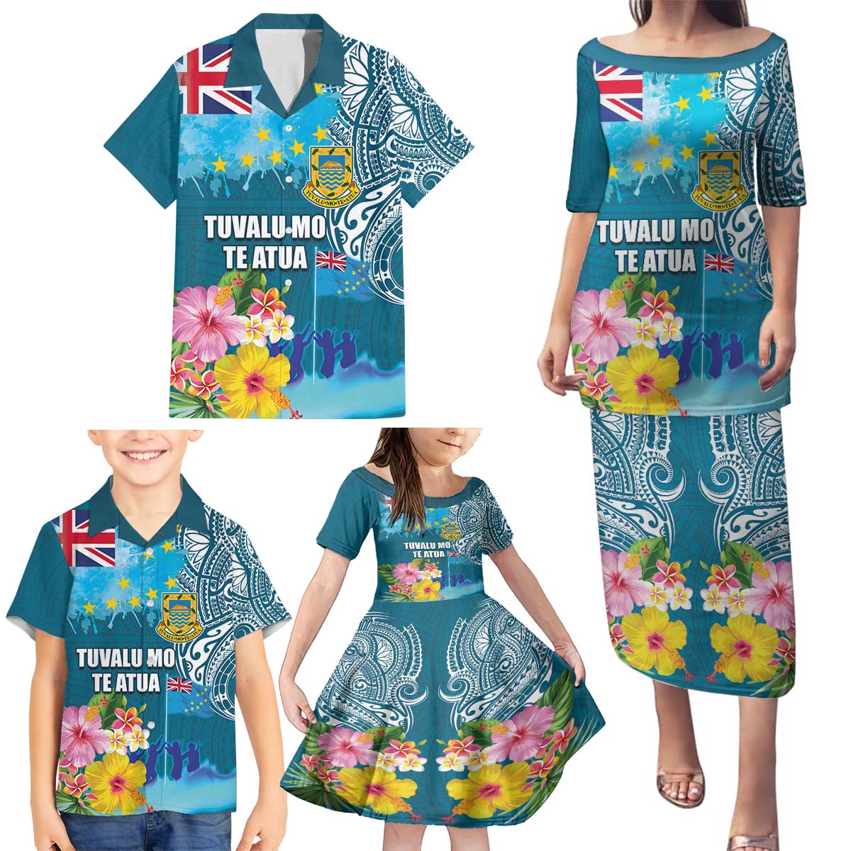 Personalised Tuvalu Independence Day Family Matching Puletasi and Hawaiian Shirt Tuvaluan Tribal Flag Style LT03 - Polynesian Pride