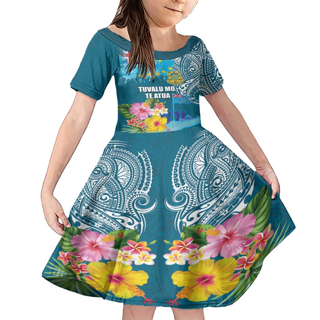 Personalised Tuvalu Independence Day Family Matching Short Sleeve Bodycon Dress and Hawaiian Shirt Tuvaluan Tribal Flag Style LT03 Daughter's Dress Turquoise - Polynesian Pride