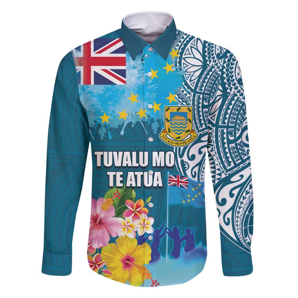 Personalised Tuvalu Independence Day Family Matching Short Sleeve Bodycon Dress and Hawaiian Shirt Tuvaluan Tribal Flag Style LT03 Dad's Shirt - Long Sleeve Turquoise - Polynesian Pride