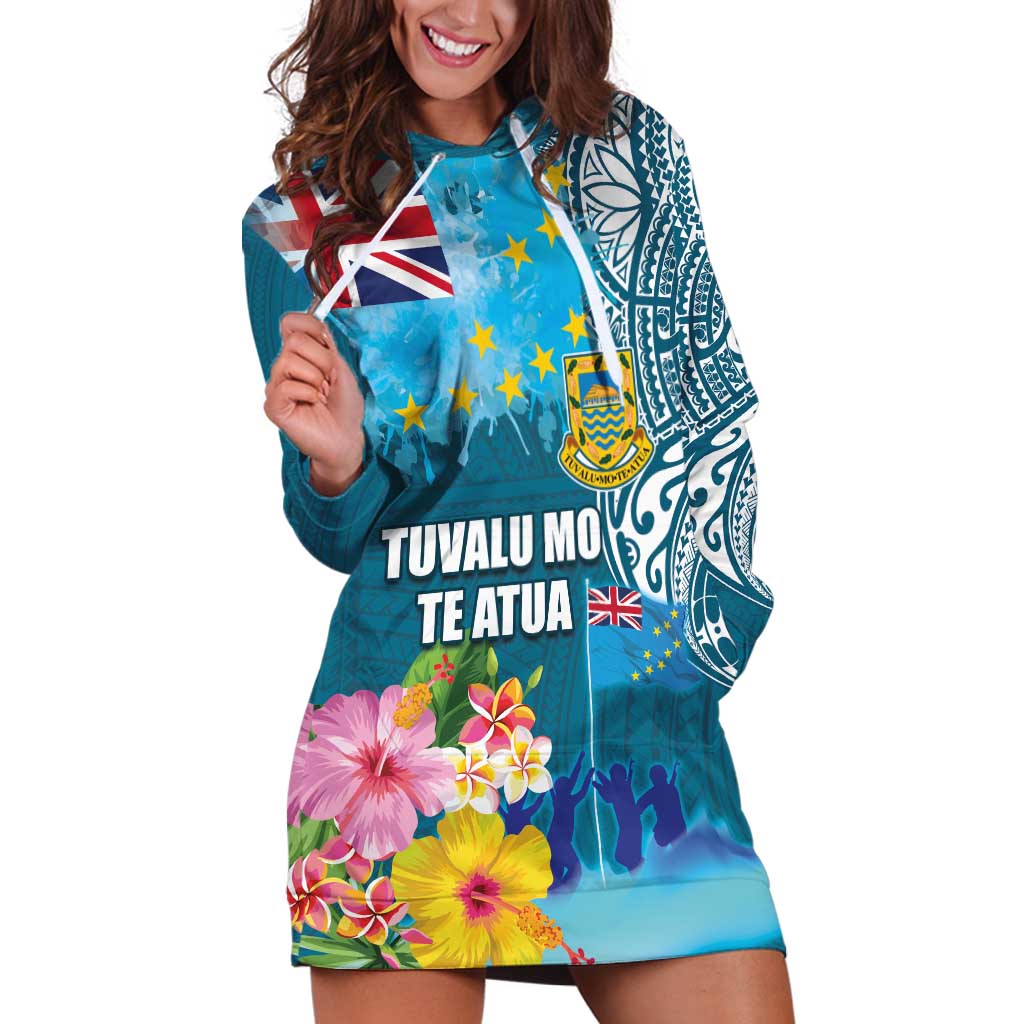 Personalised Tuvalu Independence Day Hoodie Dress Tuvaluan Tribal Flag Style LT03 Turquoise - Polynesian Pride