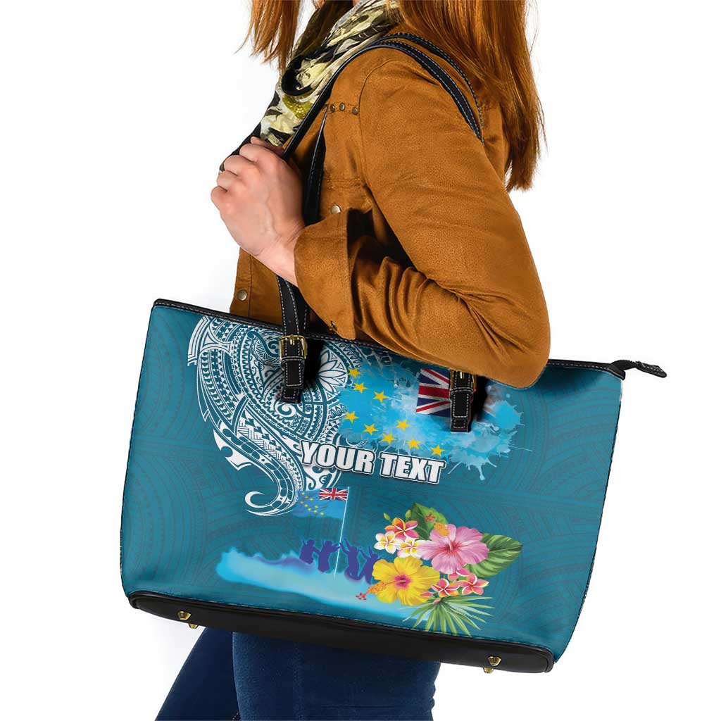Personalised Tuvalu Independence Day Leather Tote Bag Tuvaluan Tribal Flag Style LT03 Turquoise - Polynesian Pride