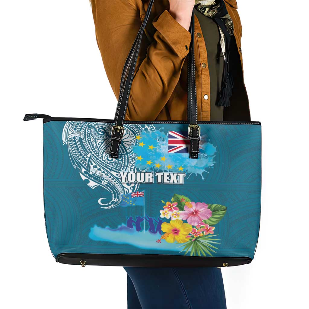 Personalised Tuvalu Independence Day Leather Tote Bag Tuvaluan Tribal Flag Style LT03 - Polynesian Pride