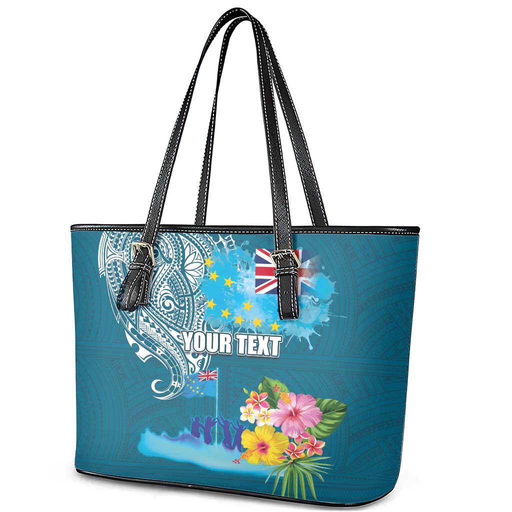 Personalised Tuvalu Independence Day Leather Tote Bag Tuvaluan Tribal Flag Style LT03 - Polynesian Pride