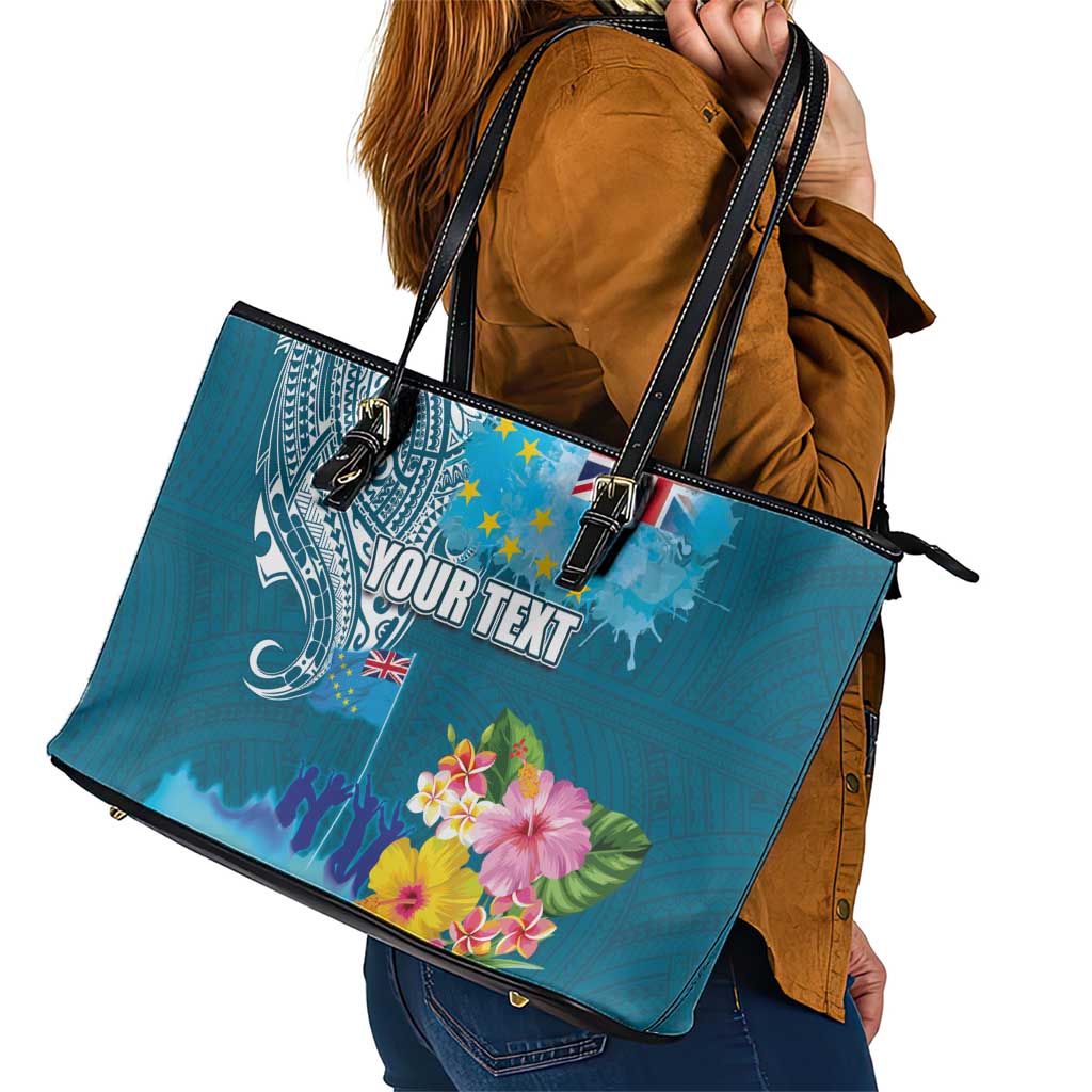 Personalised Tuvalu Independence Day Leather Tote Bag Tuvaluan Tribal Flag Style LT03 - Polynesian Pride