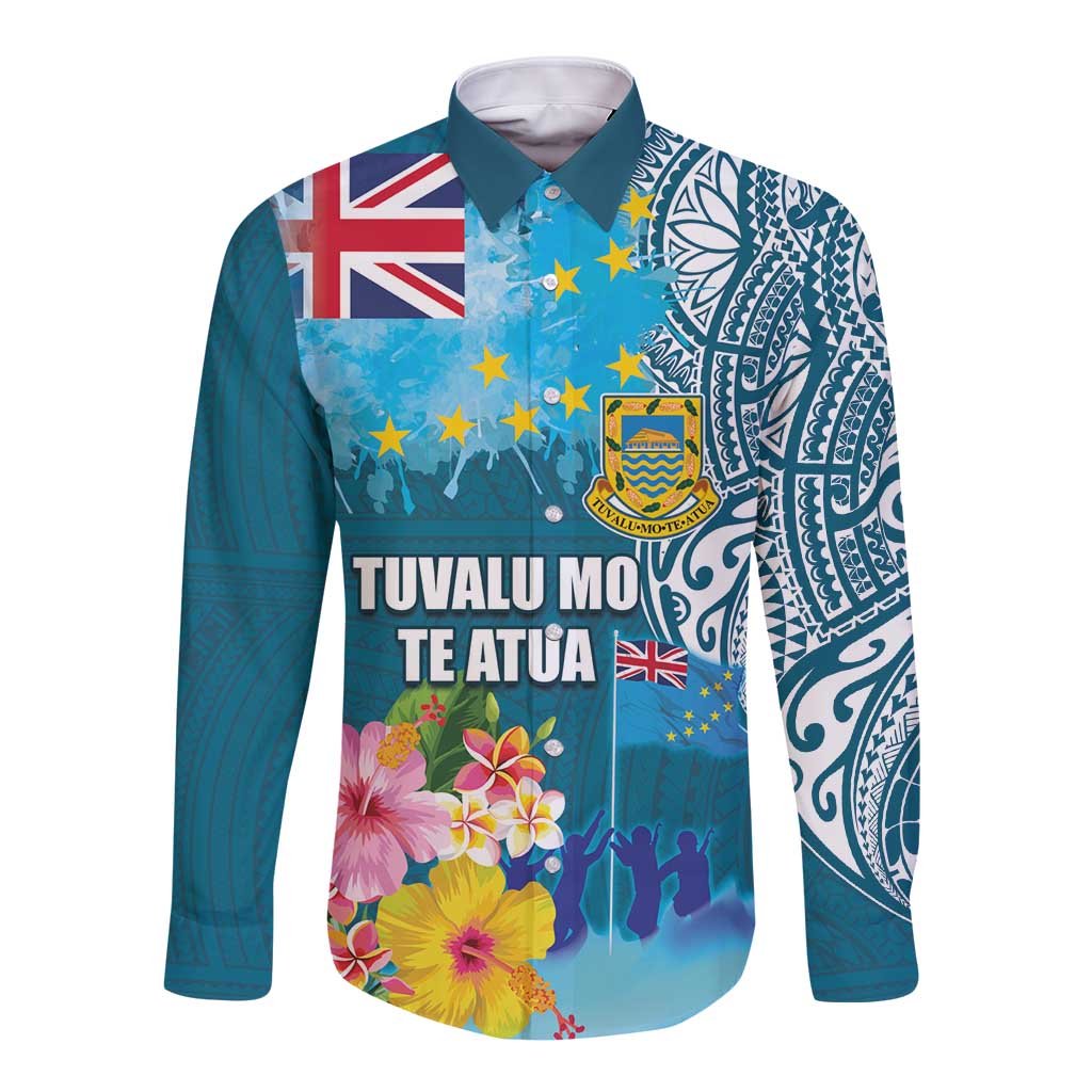 Personalised Tuvalu Independence Day Long Sleeve Button Shirt Tuvaluan Tribal Flag Style