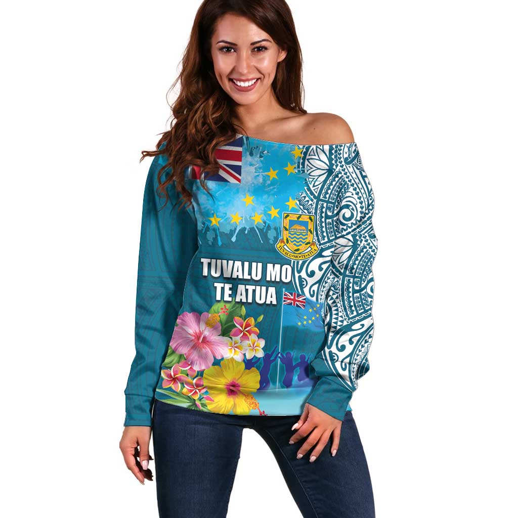 Personalised Tuvalu Independence Day Off Shoulder Sweater Tuvaluan Tribal Flag Style