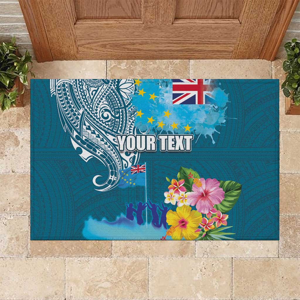 Personalised Tuvalu Independence Day Rubber Doormat Tuvaluan Tribal Flag Style LT03 Turquoise - Polynesian Pride