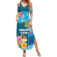 Personalised Tuvalu Independence Day Summer Maxi Dress Tuvaluan Tribal Flag Style LT03 Women Turquoise - Polynesian Pride