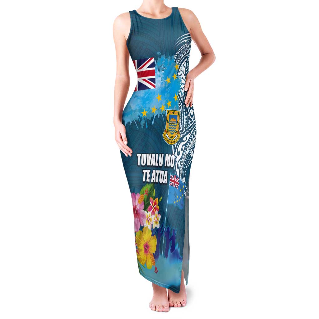 Personalised Tuvalu Independence Day Tank Maxi Dress Tuvaluan Tribal Flag Style LT03 Women Turquoise - Polynesian Pride