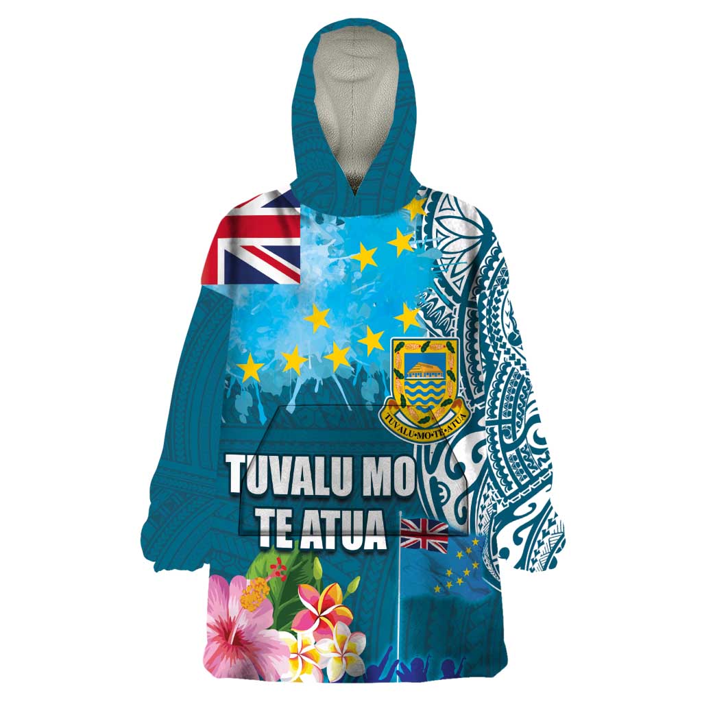 Personalised Tuvalu Independence Day Wearable Blanket Hoodie Tuvaluan Tribal Flag Style LT03 One Size Turquoise - Polynesian Pride