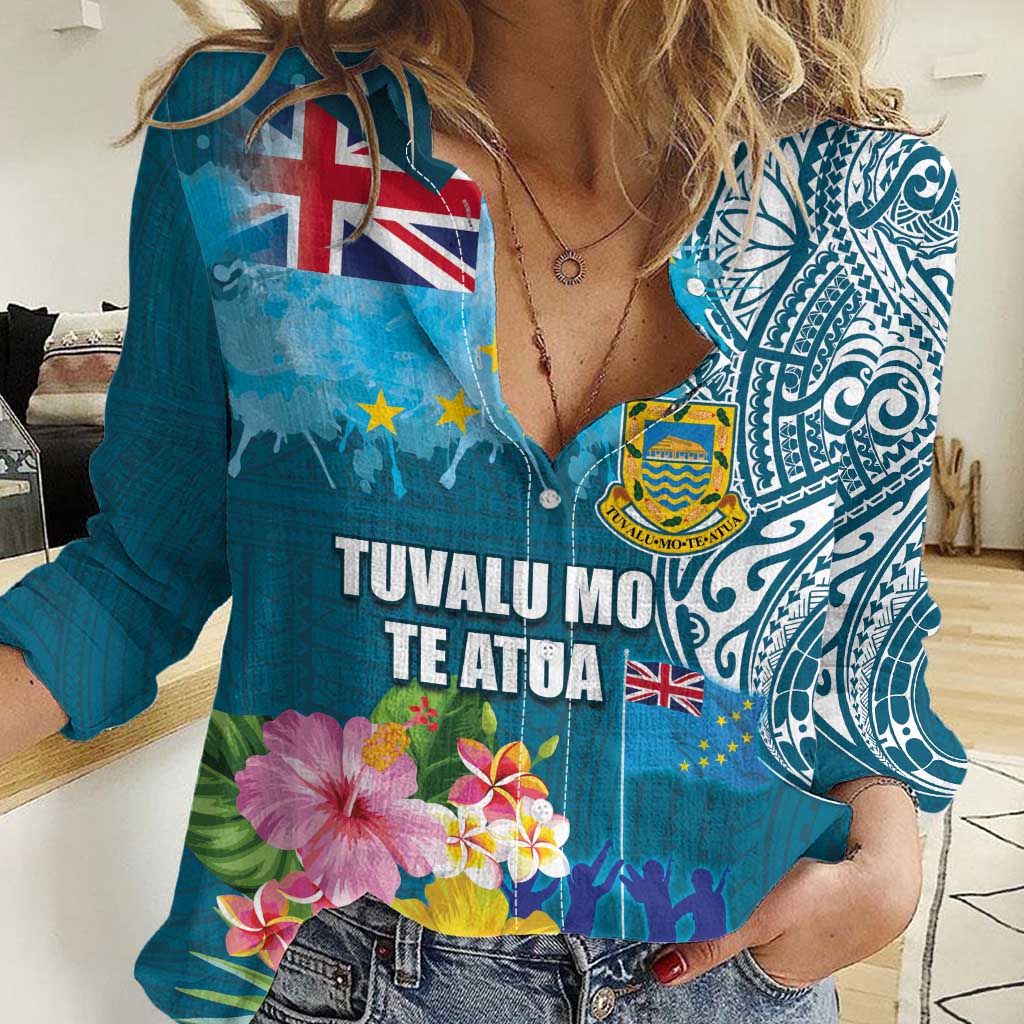 Personalised Tuvalu Independence Day Women Casual Shirt Tuvaluan Tribal Flag Style