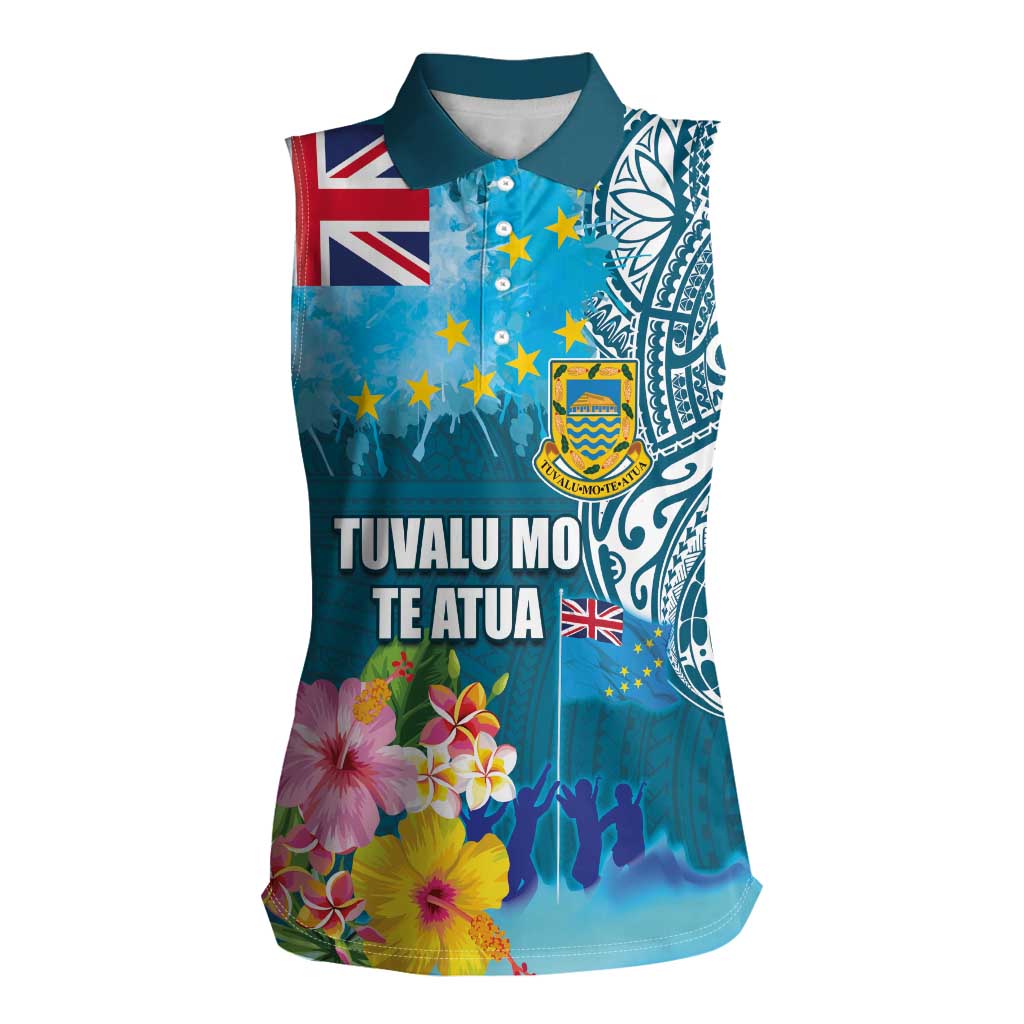 Personalised Tuvalu Independence Day Women Sleeveless Polo Shirt Tuvaluan Tribal Flag Style