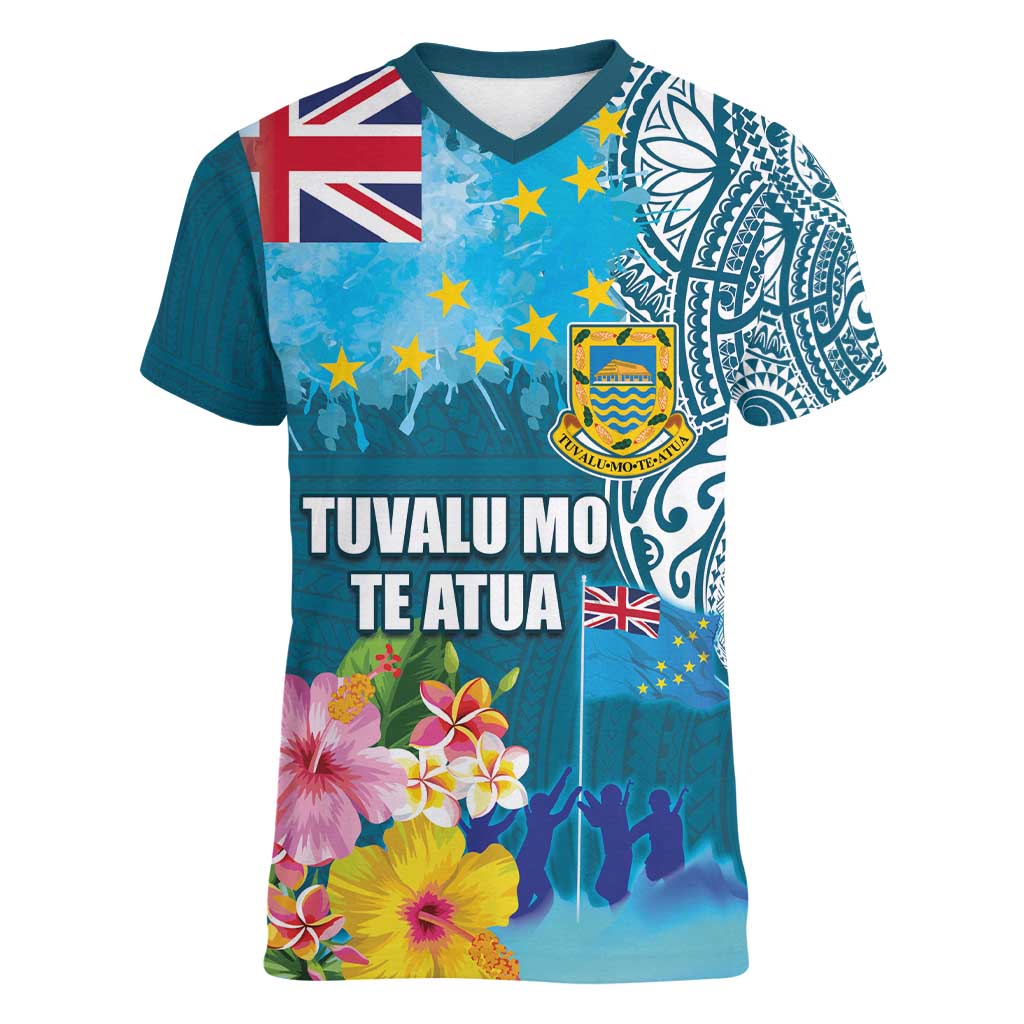 Personalised Tuvalu Independence Day Women V-Neck T-Shirt Tuvaluan Tribal Flag Style
