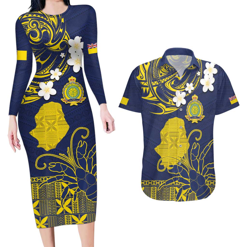 Niue Independence Day Couples Matching Long Sleeve Bodycon Dress and Hawaiian Shirt Hiapo Pattern Fiti Pua and Uga