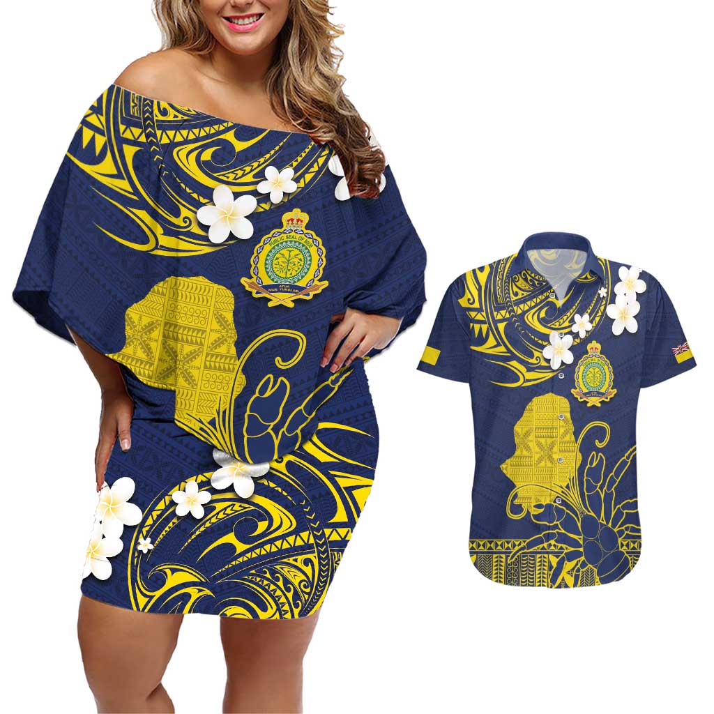 Niue Independence Day Couples Matching Off Shoulder Short Dress and Hawaiian Shirt Hiapo Pattern Fiti Pua and Uga