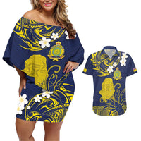 Niue Independence Day Couples Matching Off Shoulder Short Dress and Hawaiian Shirt Hiapo Pattern Fiti Pua and Uga