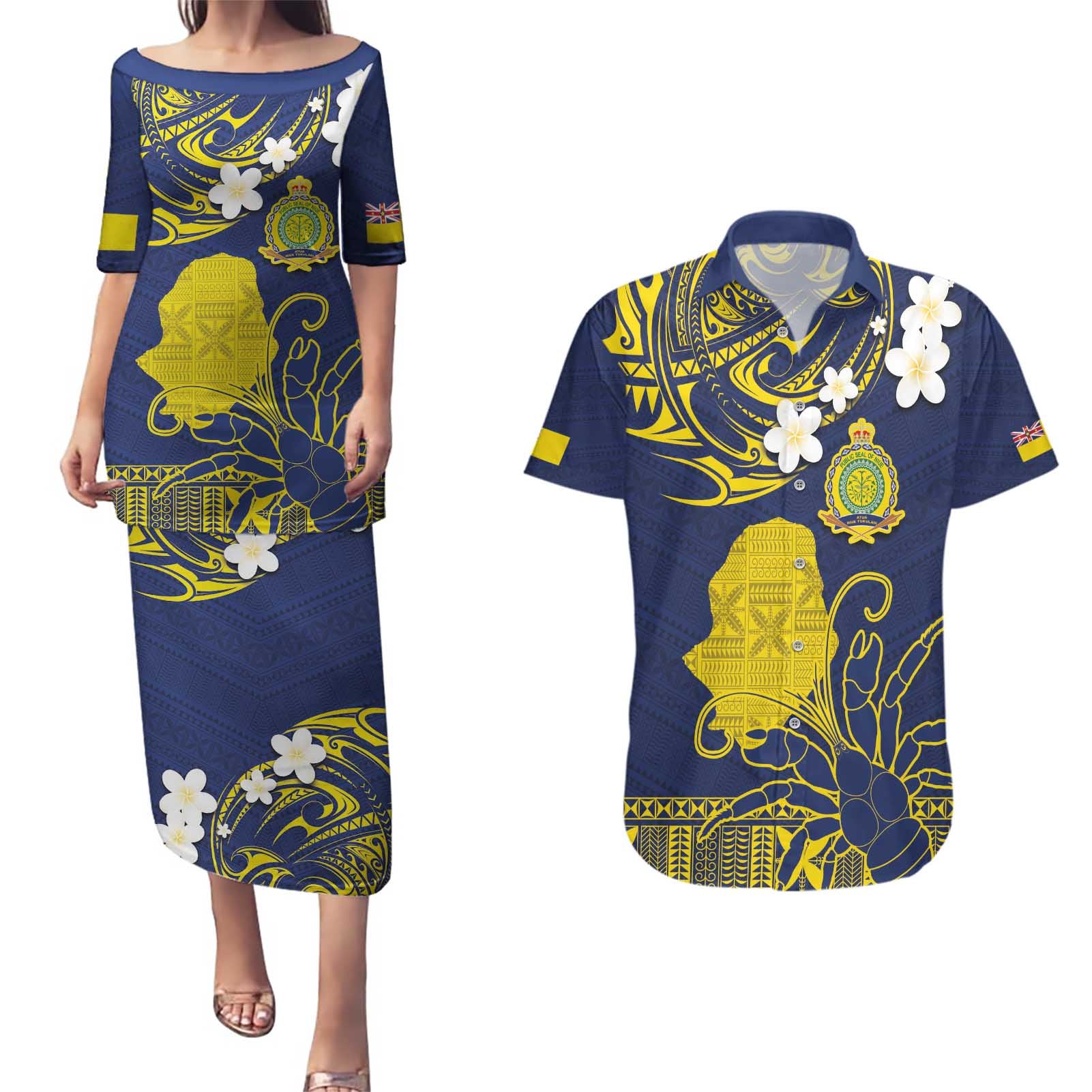 Niue Independence Day Couples Matching Puletasi and Hawaiian Shirt Hiapo Pattern Fiti Pua and Uga