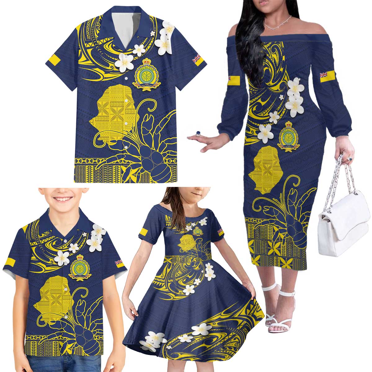 Niue Independence Day Family Matching Off The Shoulder Long Sleeve Dress and Hawaiian Shirt Hiapo Pattern Fiti Pua and Uga