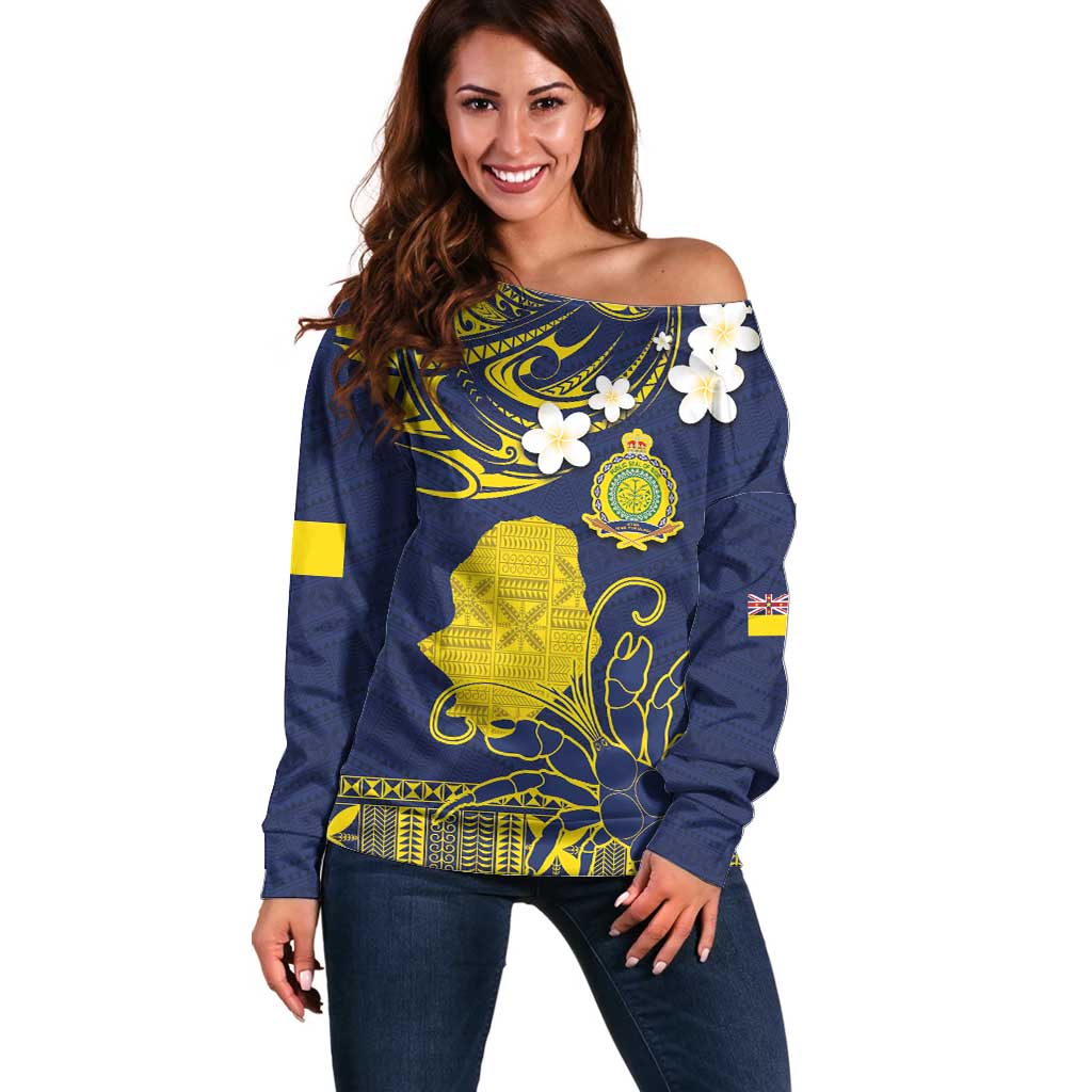 Niue Independence Day Off Shoulder Sweater Hiapo Pattern Fiti Pua and Uga