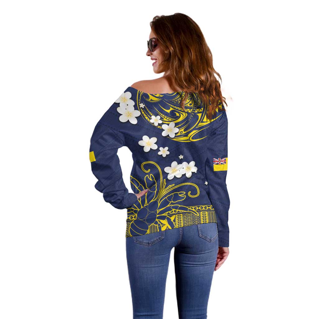 Niue Independence Day Off Shoulder Sweater Hiapo Pattern Fiti Pua and Uga