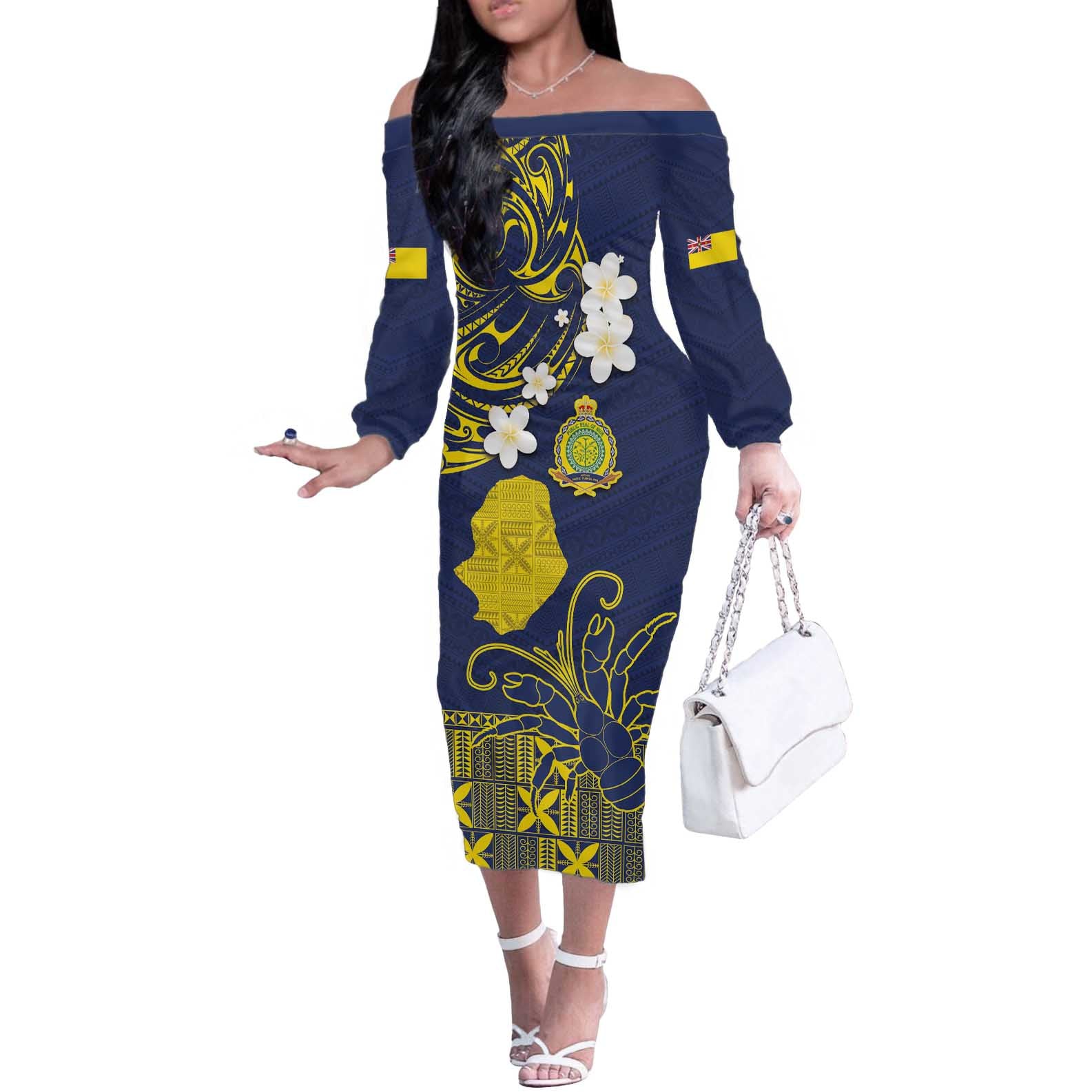 Niue Independence Day Off The Shoulder Long Sleeve Dress Hiapo Pattern Fiti Pua and Uga