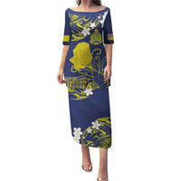 Niue Independence Day Puletasi Hiapo Pattern Fiti Pua and Uga LT03 Long Dress Yellow - Polynesian Pride