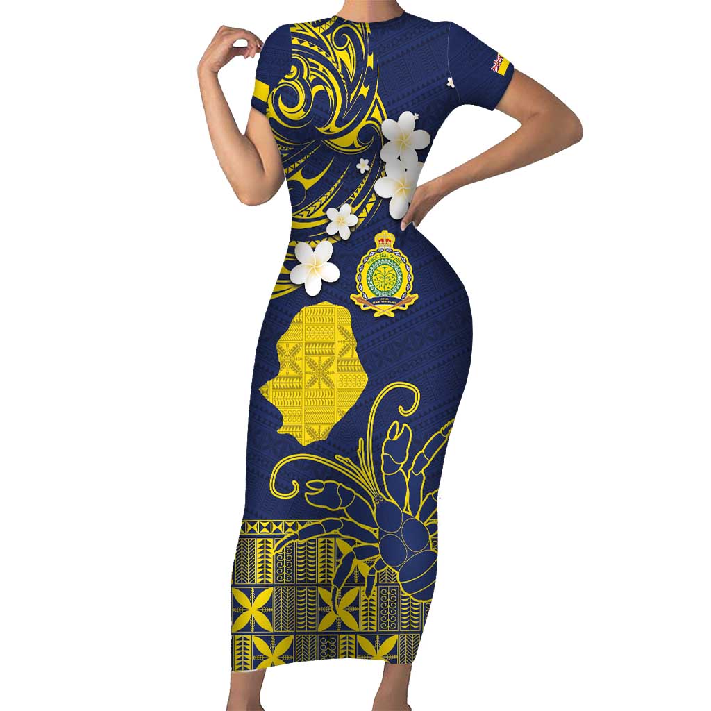 Niue Independence Day Short Sleeve Bodycon Dress Hiapo Pattern Fiti Pua and Uga