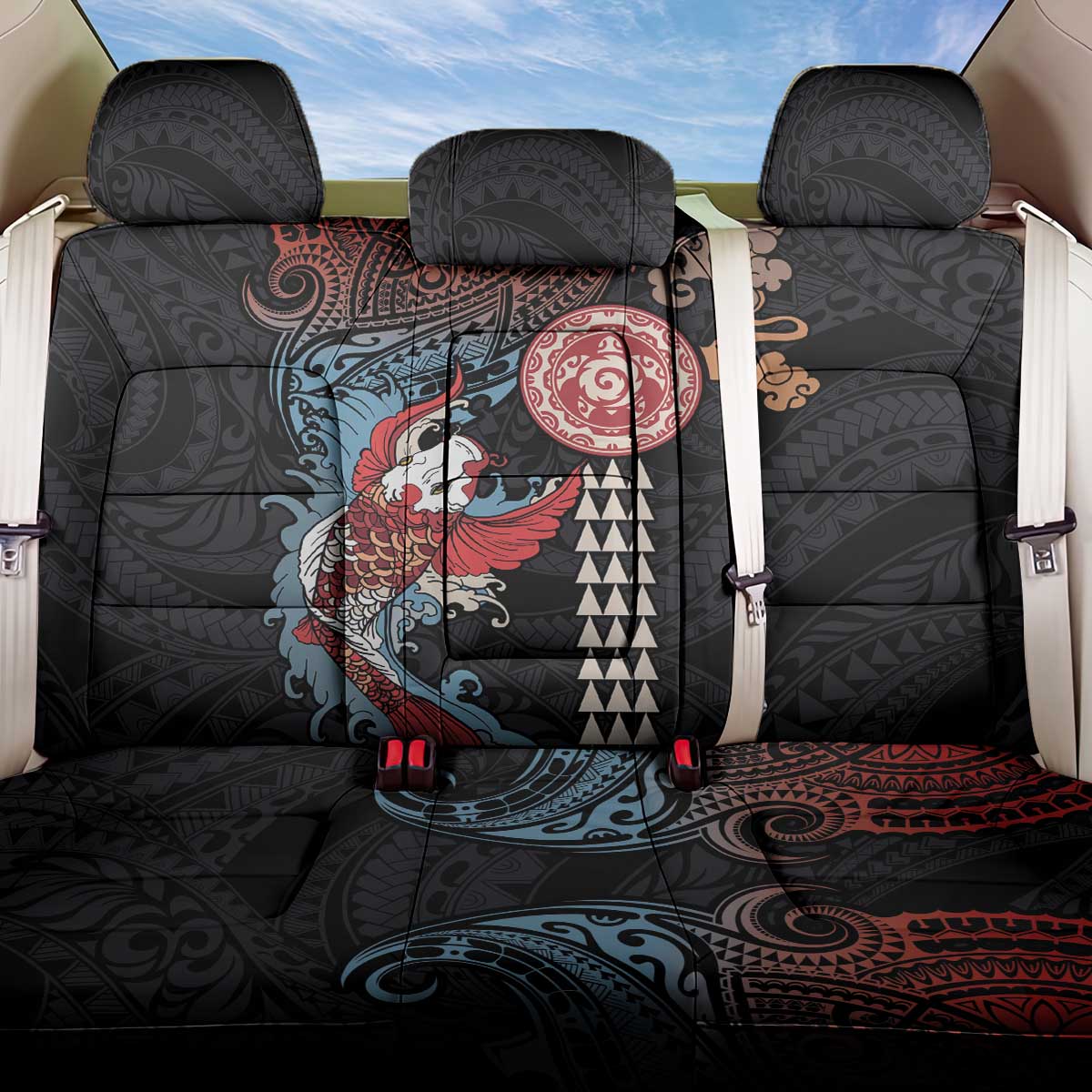 Hawaii and Japanese Together Back Car Seat Cover Koi Fish and Kakau Pattern