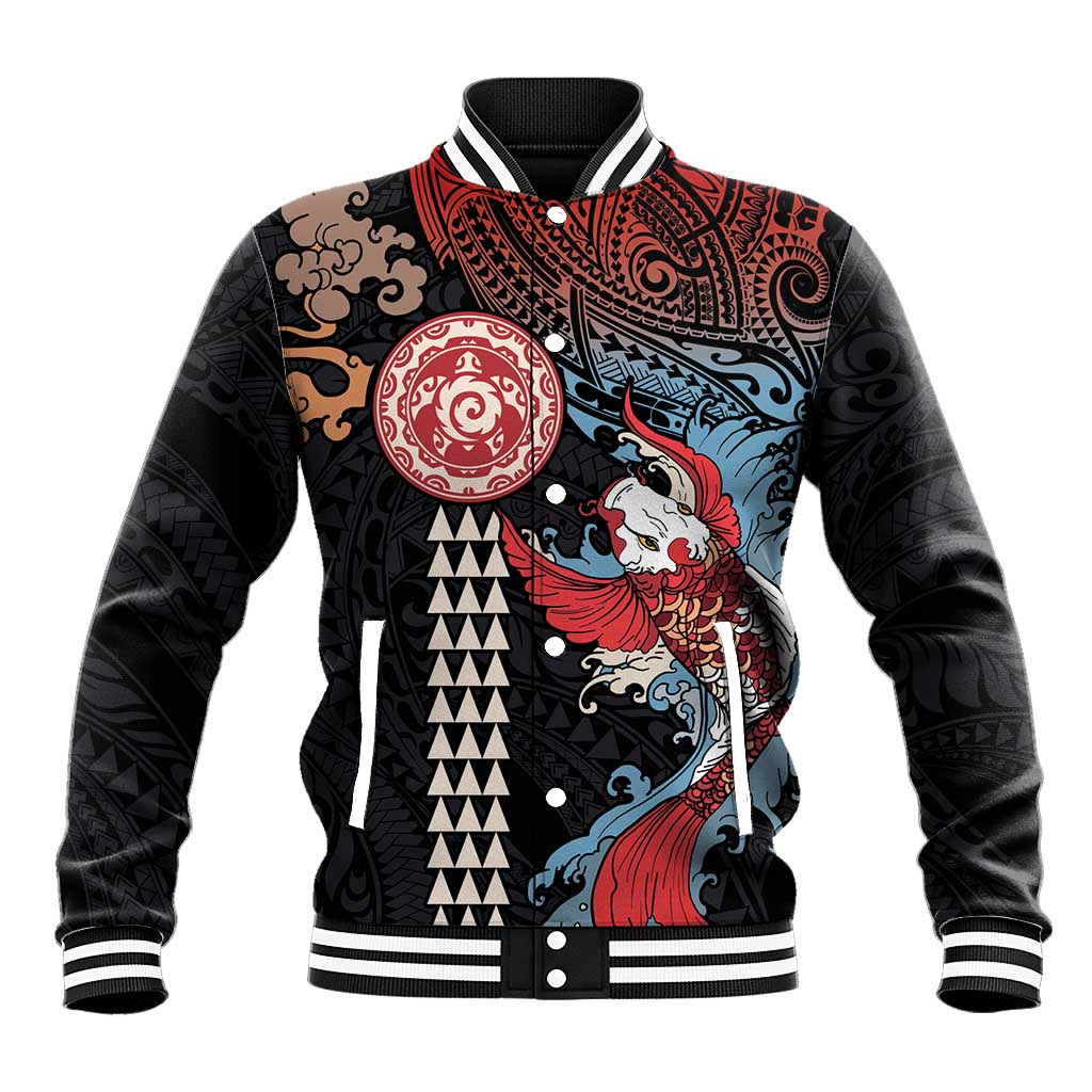 Hawaii and Japanese Together Baseball Jacket Koi Fish and Kakau Pattern
