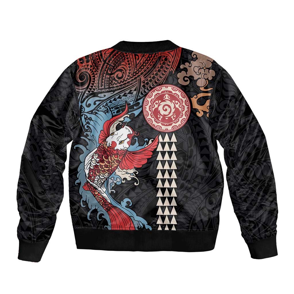 Hawaii and Japanese Together Bomber Jacket Koi Fish and Kakau Pattern