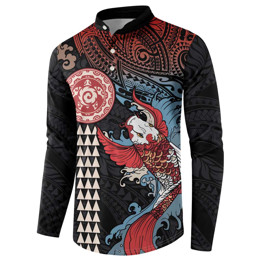 Hawaii and Japanese Together Button Sweatshirt Koi Fish and Kakau Pattern