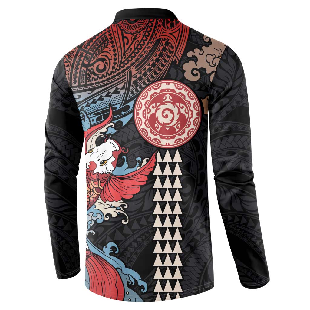 Hawaii and Japanese Together Button Sweatshirt Koi Fish and Kakau Pattern