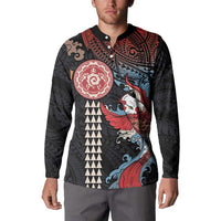 Hawaii and Japanese Together Button Sweatshirt Koi Fish and Kakau Pattern