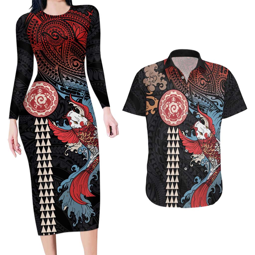 Hawaii and Japanese Together Couples Matching Long Sleeve Bodycon Dress and Hawaiian Shirt Koi Fish and Kakau Pattern