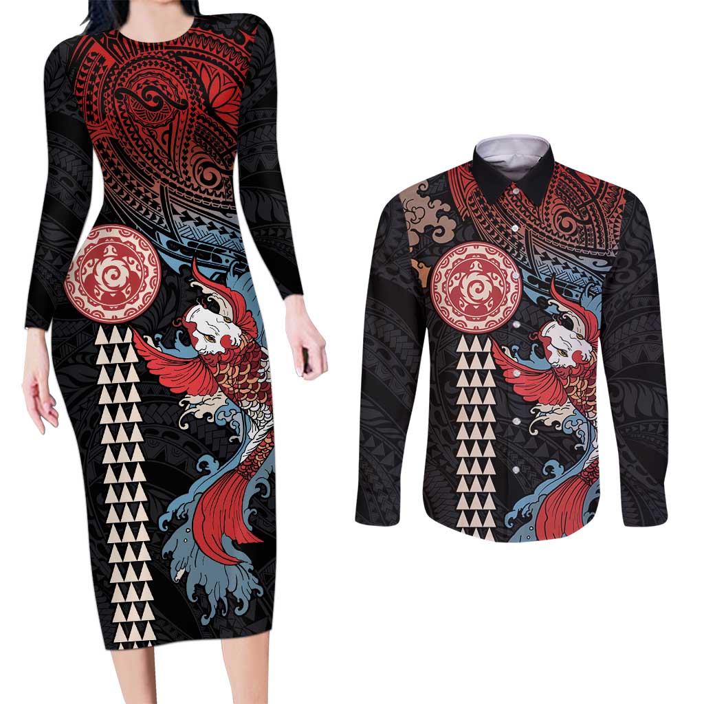 Hawaii and Japanese Together Couples Matching Long Sleeve Bodycon Dress and Long Sleeve Button Shirt Koi Fish and Kakau Pattern