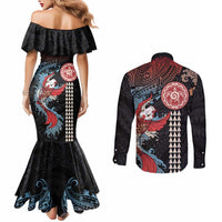 Hawaii and Japanese Together Couples Matching Mermaid Dress and Long Sleeve Button Shirt Koi Fish and Kakau Pattern