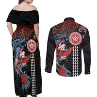 Hawaii and Japanese Together Couples Matching Off Shoulder Maxi Dress and Long Sleeve Button Shirt Koi Fish and Kakau Pattern