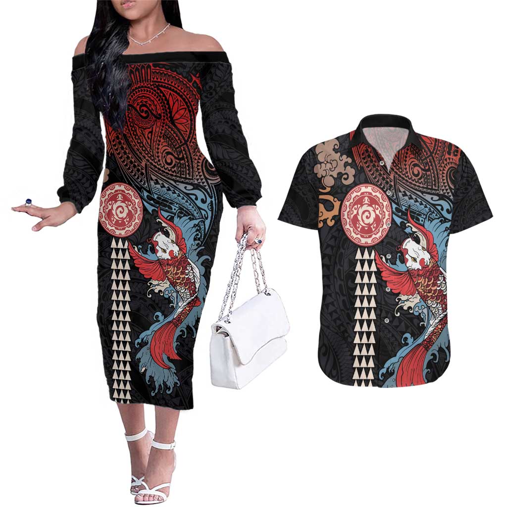 Hawaii and Japanese Together Couples Matching Off The Shoulder Long Sleeve Dress and Hawaiian Shirt Koi Fish and Kakau Pattern