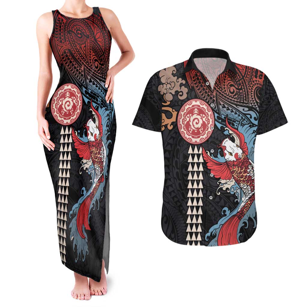 Hawaii and Japanese Together Couples Matching Tank Maxi Dress and Hawaiian Shirt Koi Fish and Kakau Pattern