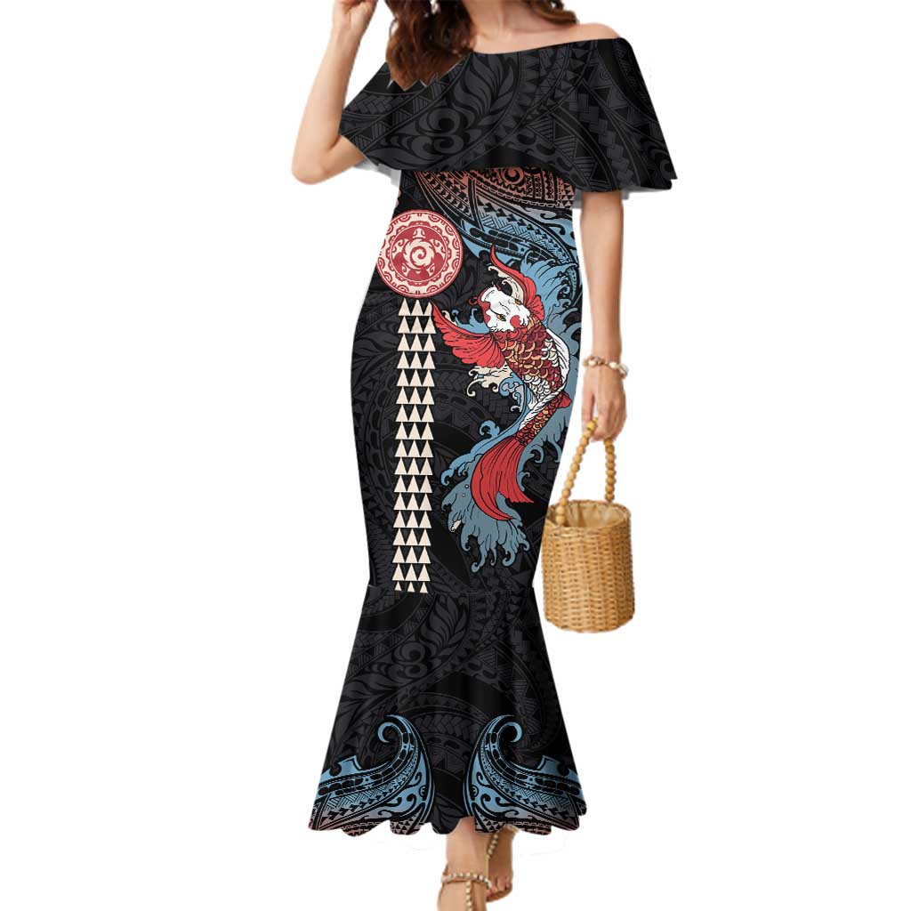 Hawaii and Japanese Together Family Matching Mermaid Dress and Hawaiian Shirt Koi Fish and Kakau Pattern