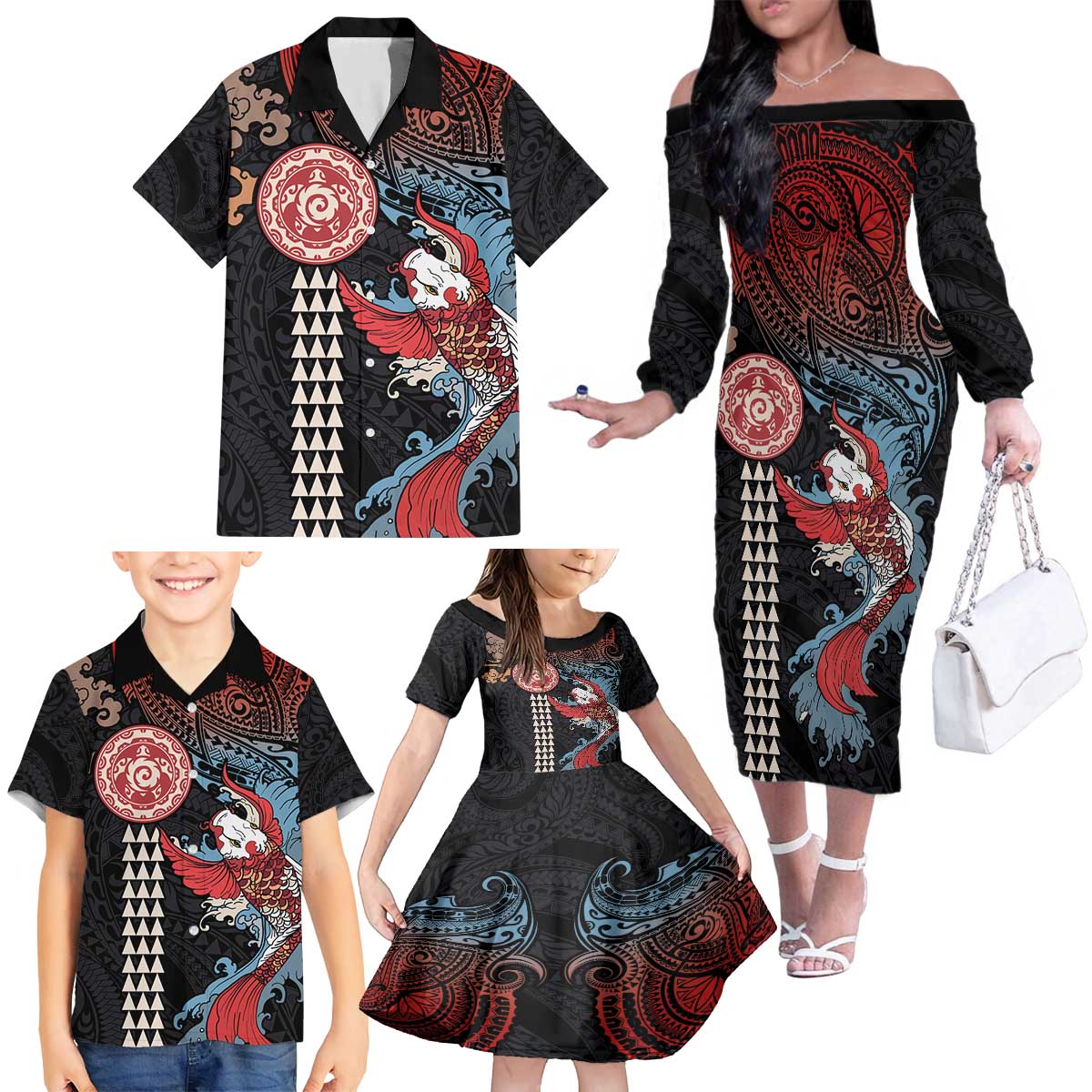 Hawaii and Japanese Together Family Matching Off The Shoulder Long Sleeve Dress and Hawaiian Shirt Koi Fish and Kakau Pattern