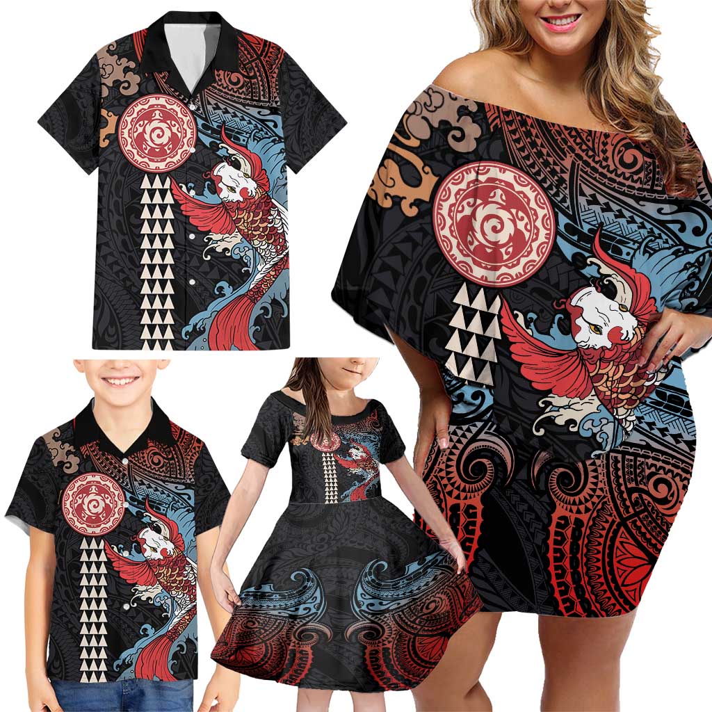 Hawaii and Japanese Together Family Matching Off Shoulder Short Dress and Hawaiian Shirt Koi Fish and Kakau Pattern