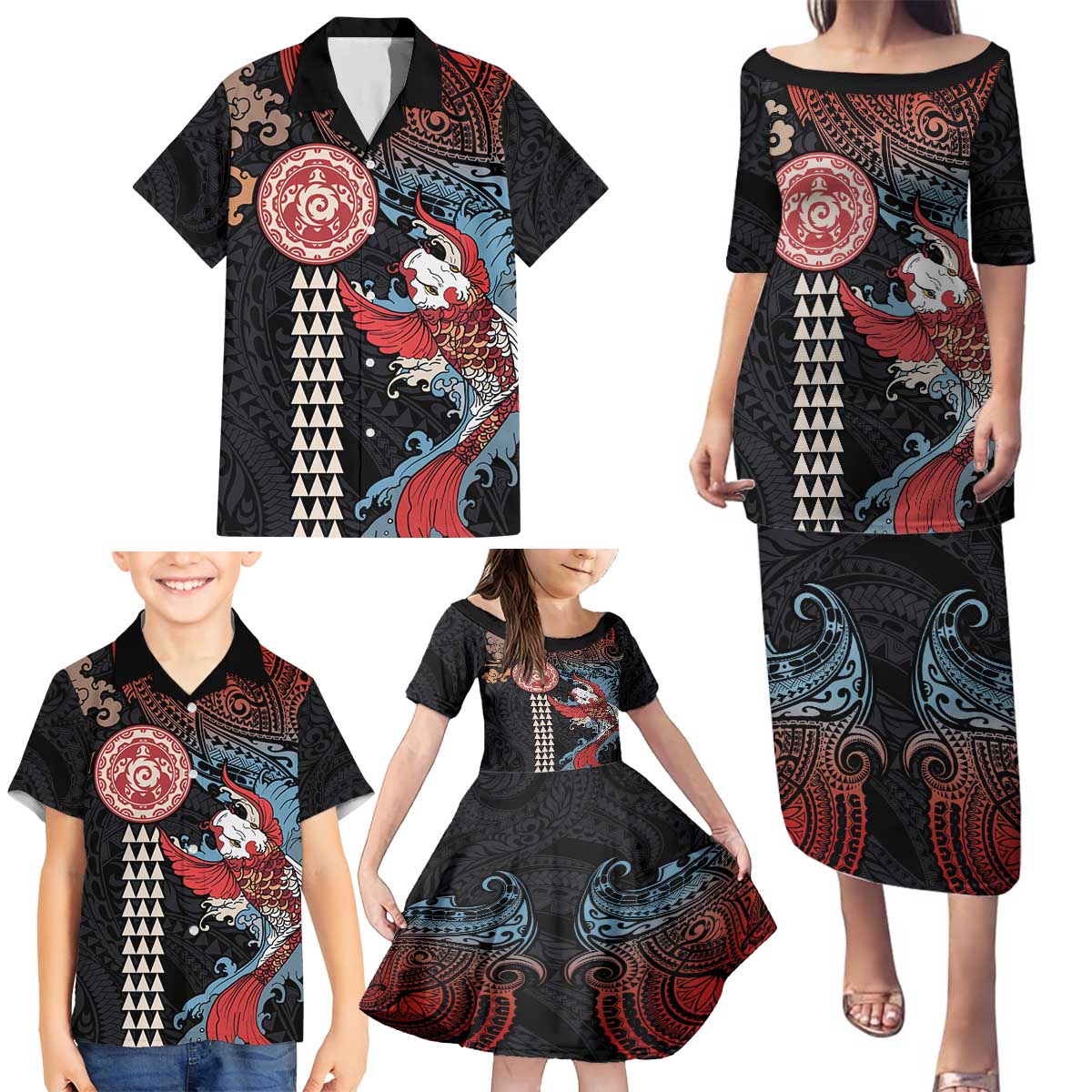 Hawaii and Japanese Together Family Matching Puletasi and Hawaiian Shirt Koi Fish and Kakau Pattern